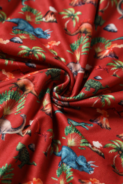 Billie Red Long-Sleeved Dinosaur/Volcano Print Dress