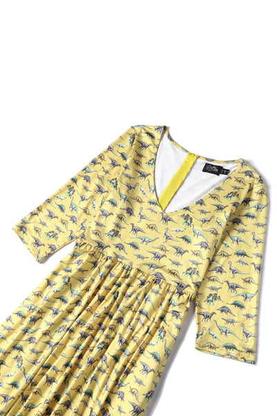 Billie Long Sleeved Dress in Yellow Vintage Dinosaur Print