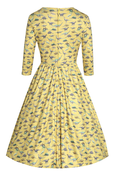 Billie Long Sleeved Dress in Yellow Vintage Dinosaur Print