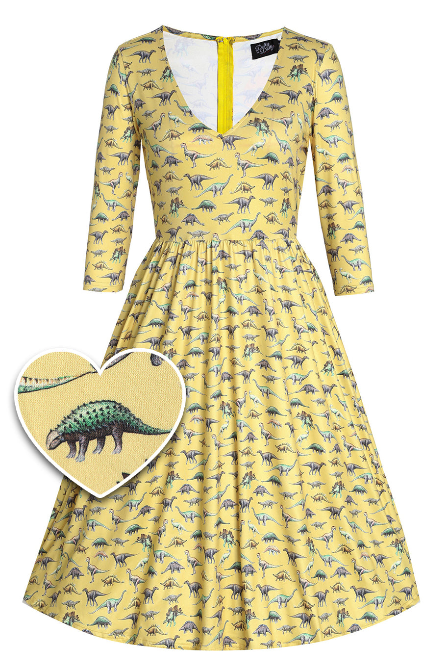 Billie Long Sleeved Dress in Yellow Vintage Dinosaur Print