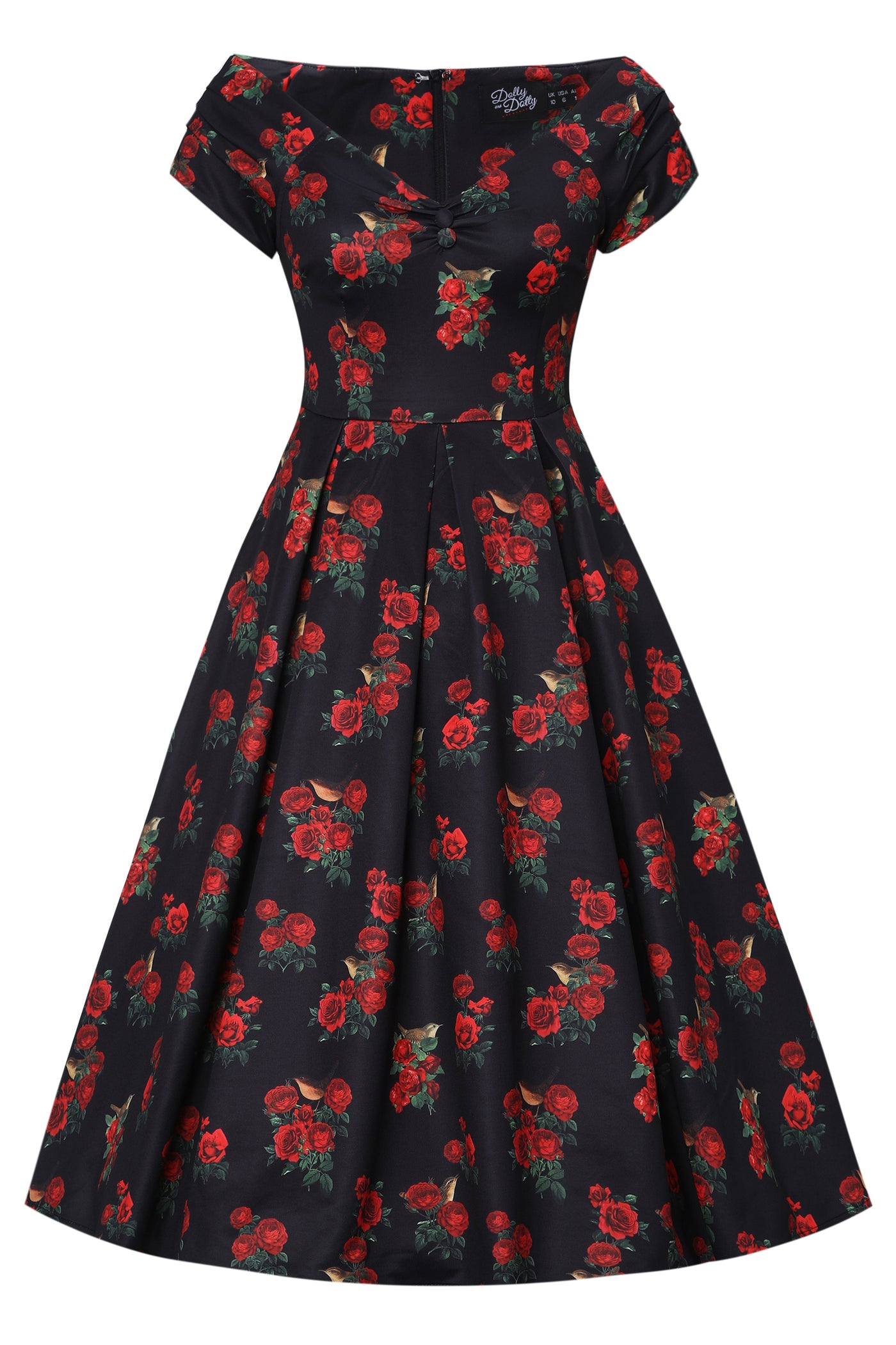 PRE ORDER Lily Black Off Shoulder Roses & Bird Print Dress