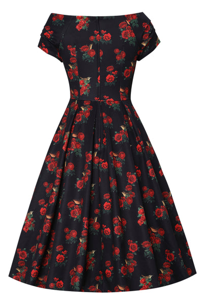 PRE ORDER Lily Black Off Shoulder Roses & Bird Print Dress