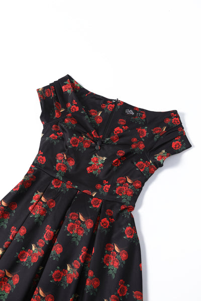 PRE ORDER Lily Black Off Shoulder Roses & Bird Print Dress