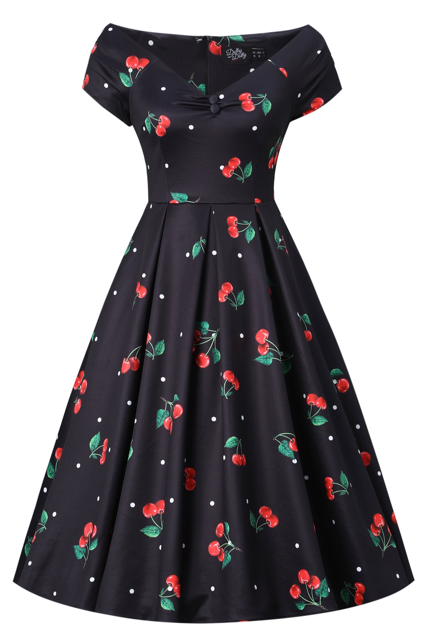 Lily Black Off Shoulder Large Cherry Print Dress