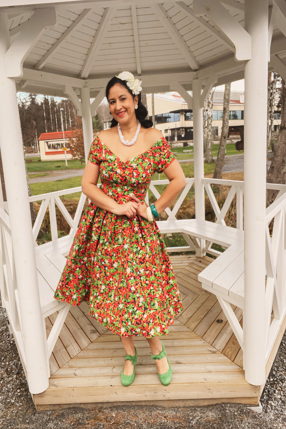 Lily Black Off Shoulder Red Berry Print Swing Dress