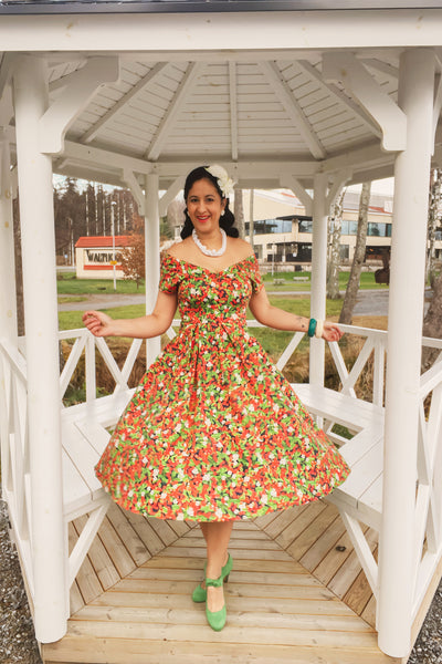 Lily Black Off Shoulder Red Berry Print Swing Dress