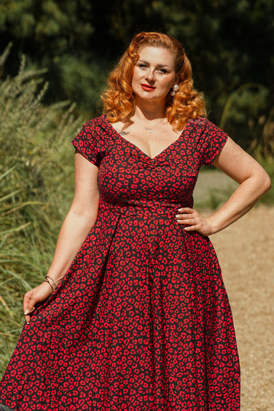 EU STOCK Lily Black & Red Cheetah Print Off Shoulder Dress