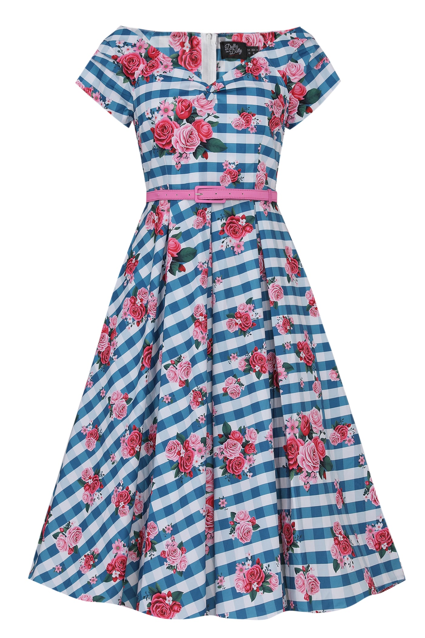 EU STOCK Lily Blue Off Shoulder 50's Rose Print Checkered Dress