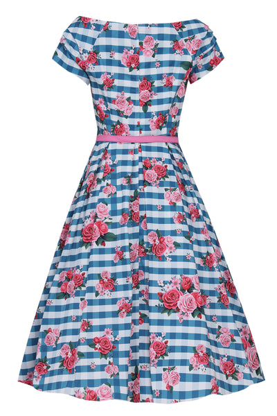 EU STOCK Lily Blue Off Shoulder 50's Rose Print Checkered Dress