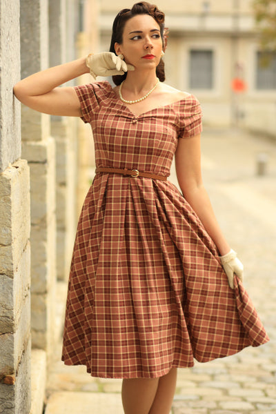 Lily Burgundy Tartan Off Shoulder Swing Dress