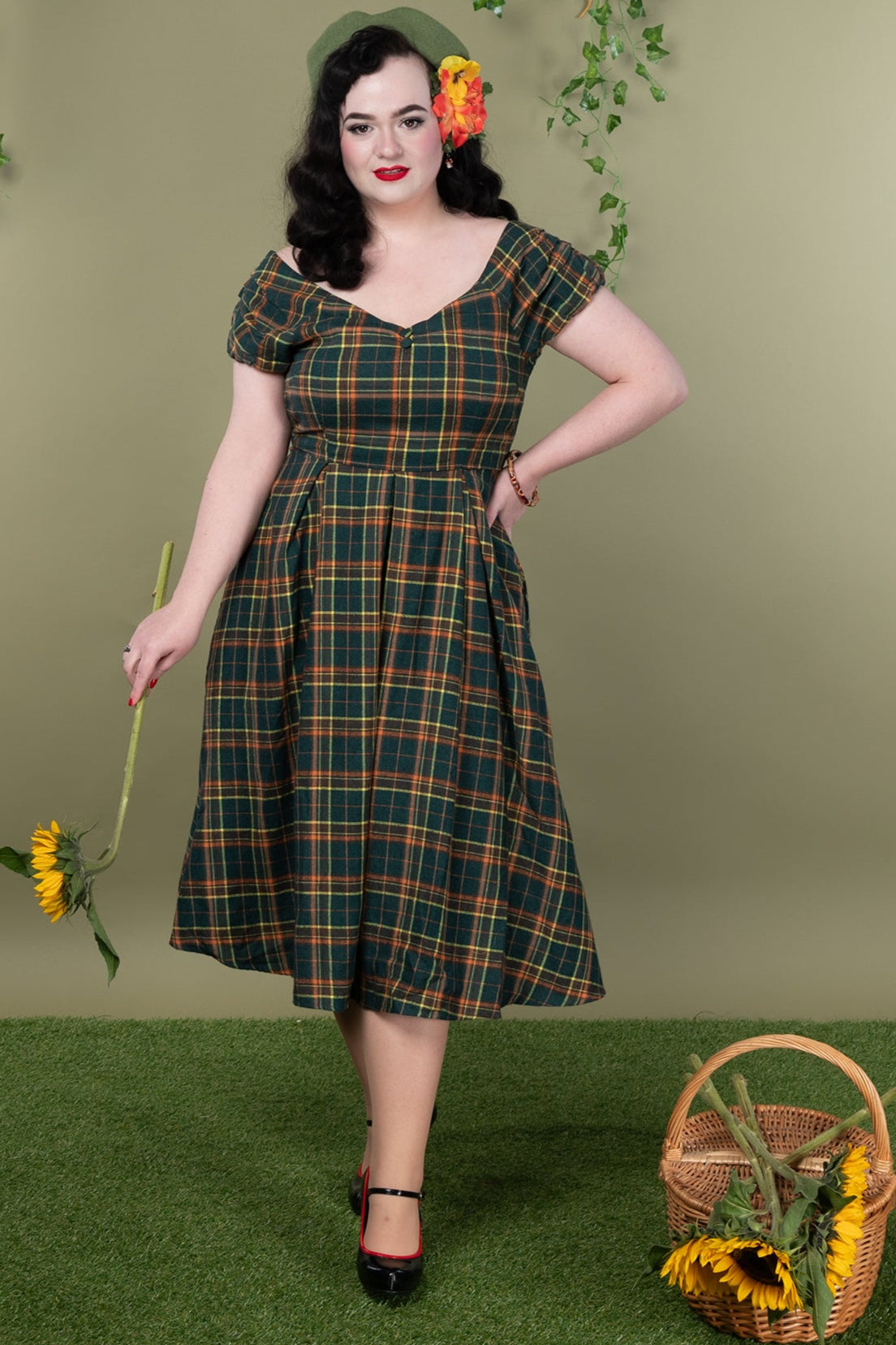 PRE ORDER Lily Off Shoulder Green Tartan Swing Dress