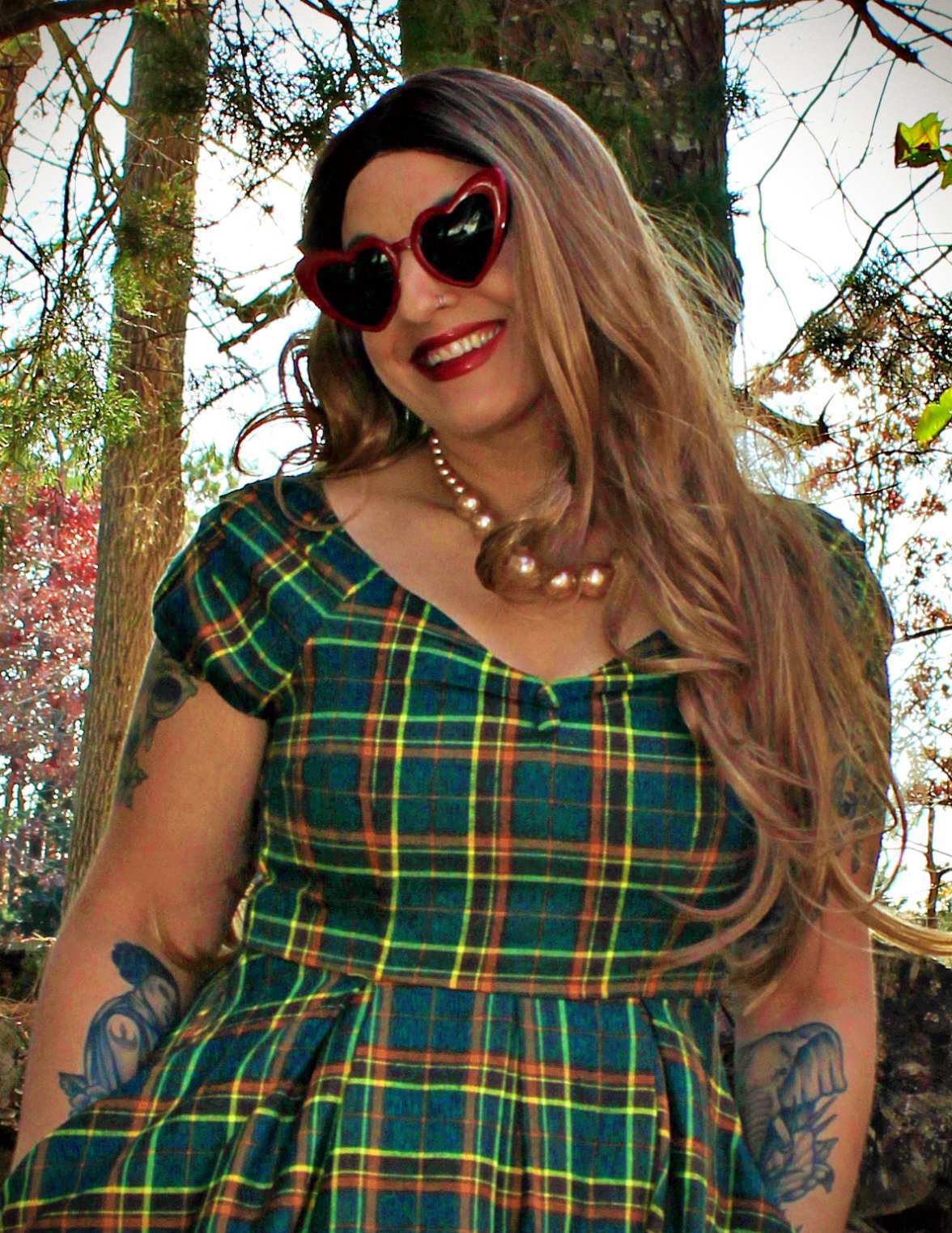 PRE ORDER Lily Off Shoulder Green Tartan Swing Dress