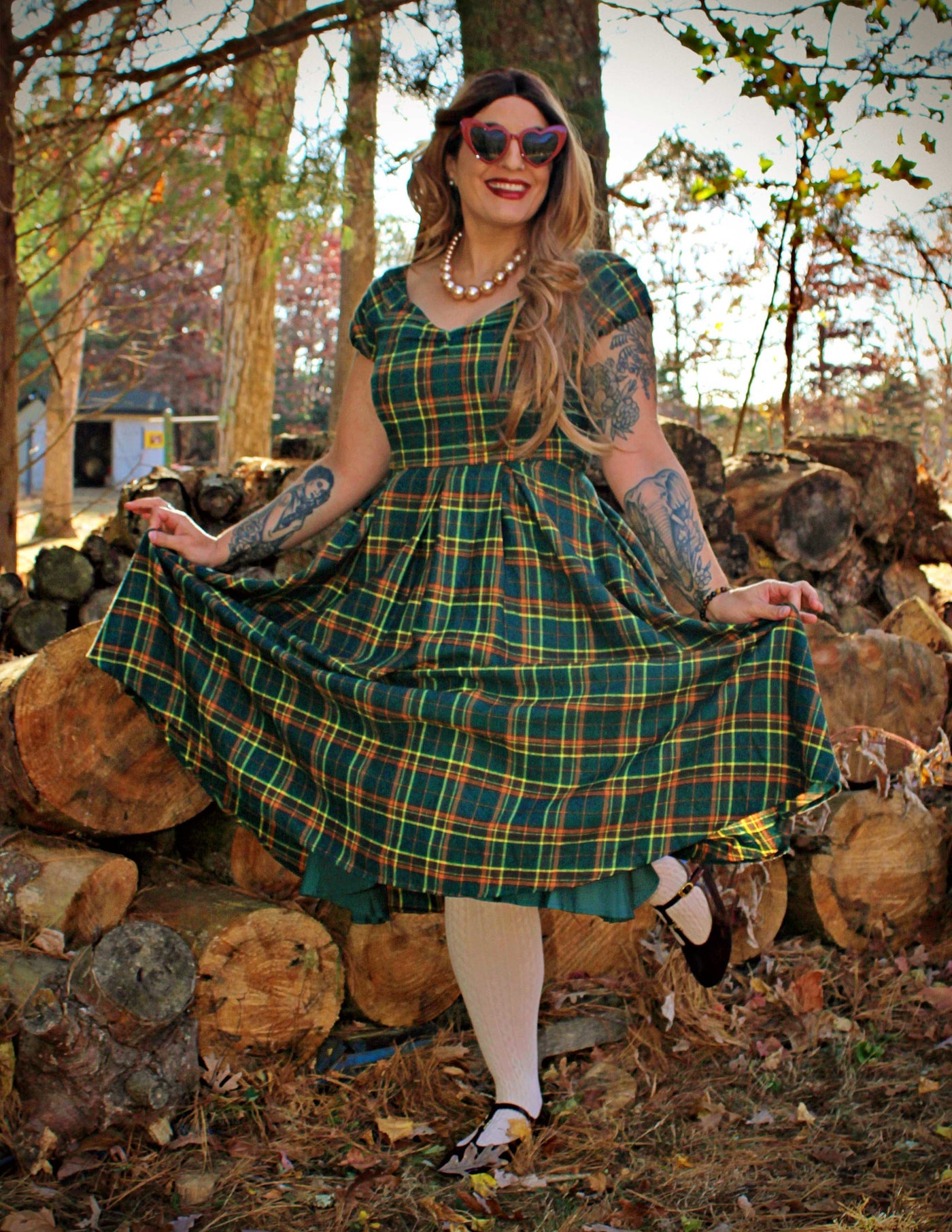 PRE ORDER Lily Off Shoulder Green Tartan Swing Dress