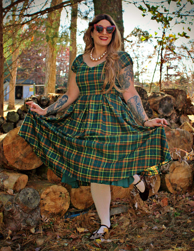 PRE ORDER Lily Off Shoulder Green Tartan Swing Dress