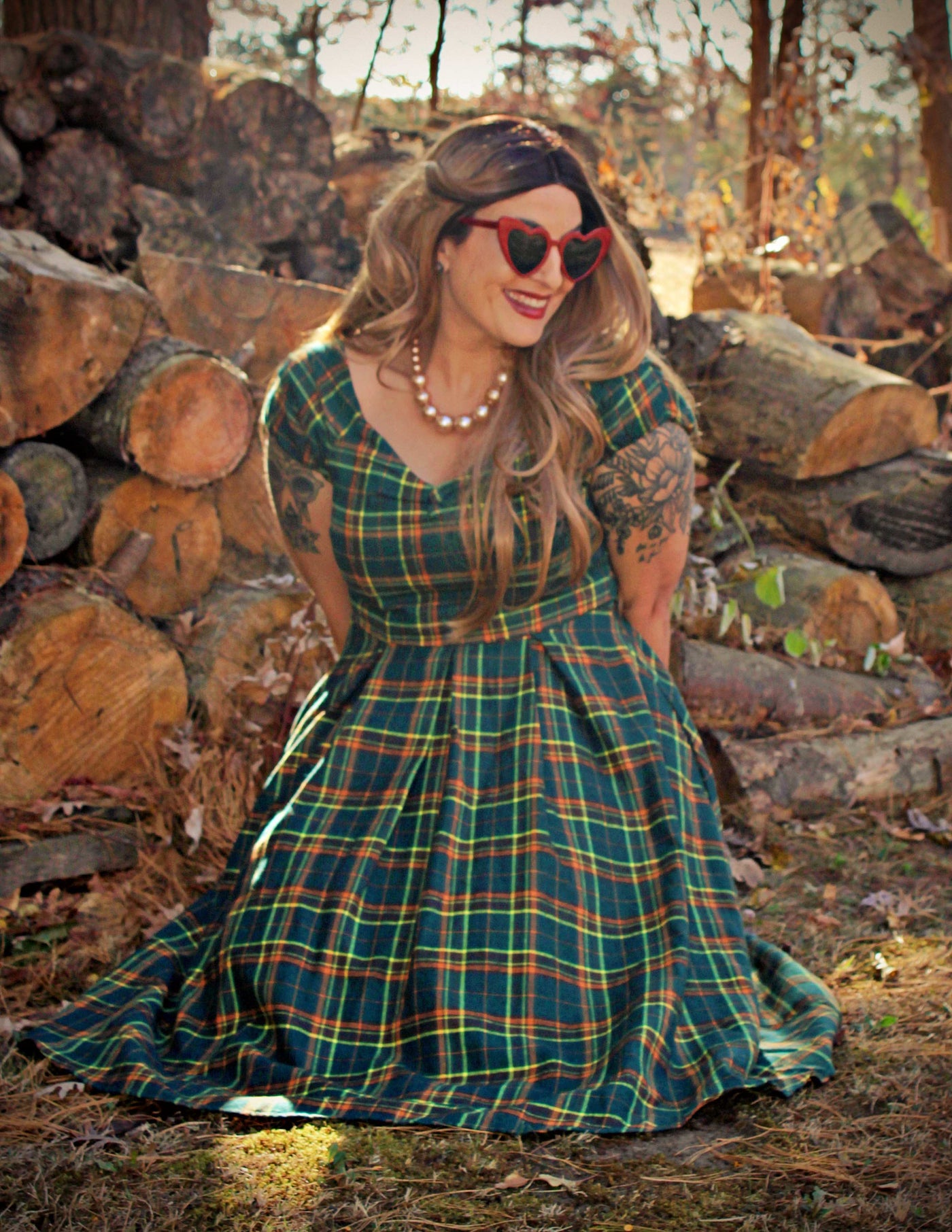 PRE ORDER Lily Off Shoulder Green Tartan Swing Dress