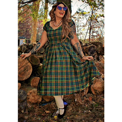 EU STOCK Lily Off Shoulder Green Tartan Swing Dress