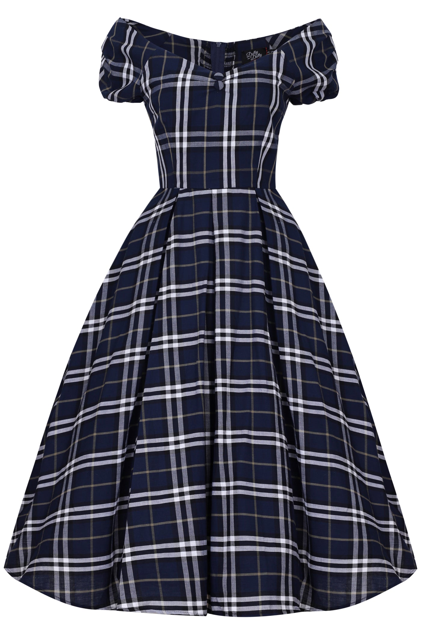 EU STOCK Lily Dark Blue Tartan Off Shoulder Swing Dress