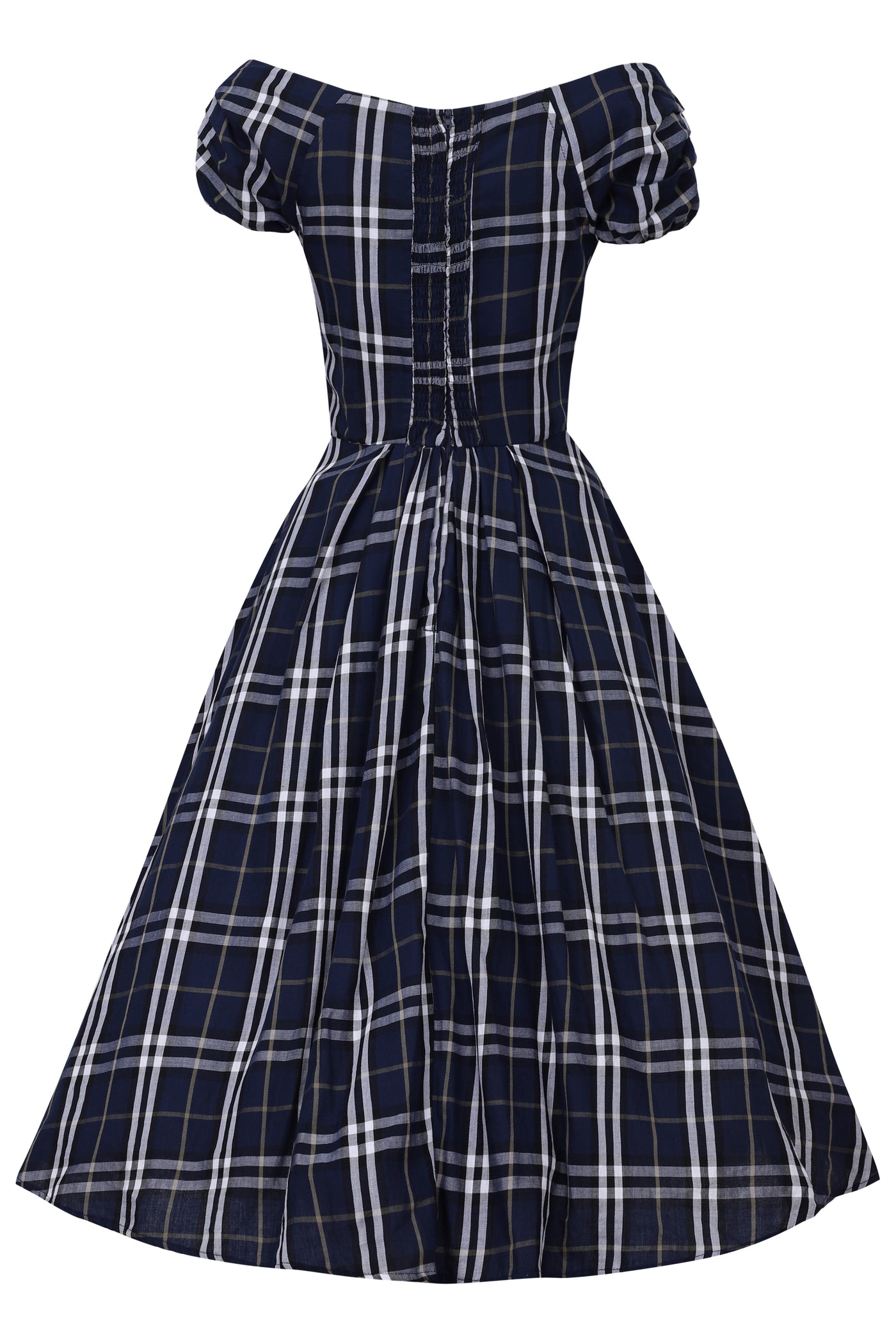 EU STOCK Lily Dark Blue Tartan Off Shoulder Swing Dress