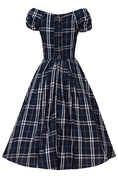 EU STOCK Lily Dark Blue Tartan Off Shoulder Swing Dress