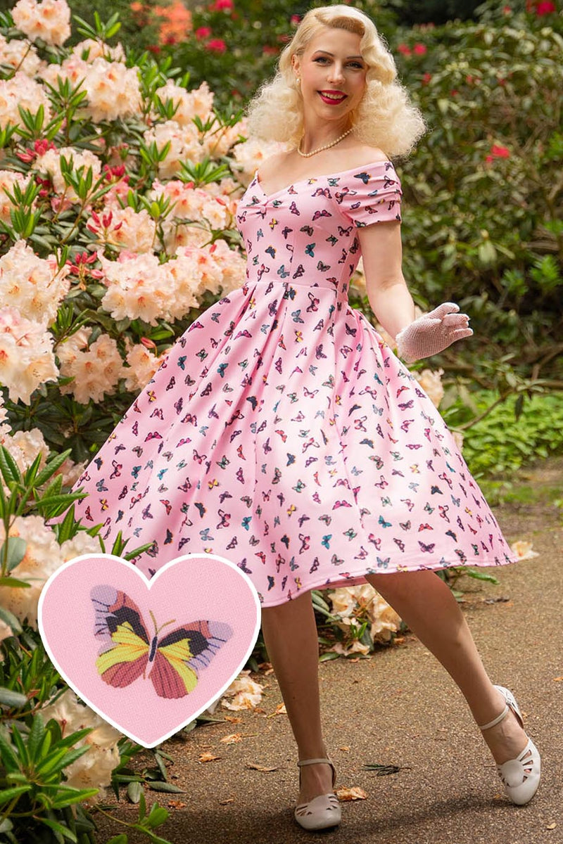 EU STOCK Lily Retro Off Shoulder Dress in Pink & Colourful Butterflies