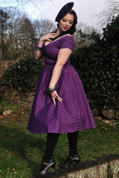 EU STOCK Lily Purple & Black Polka Dot Full Circle Dress