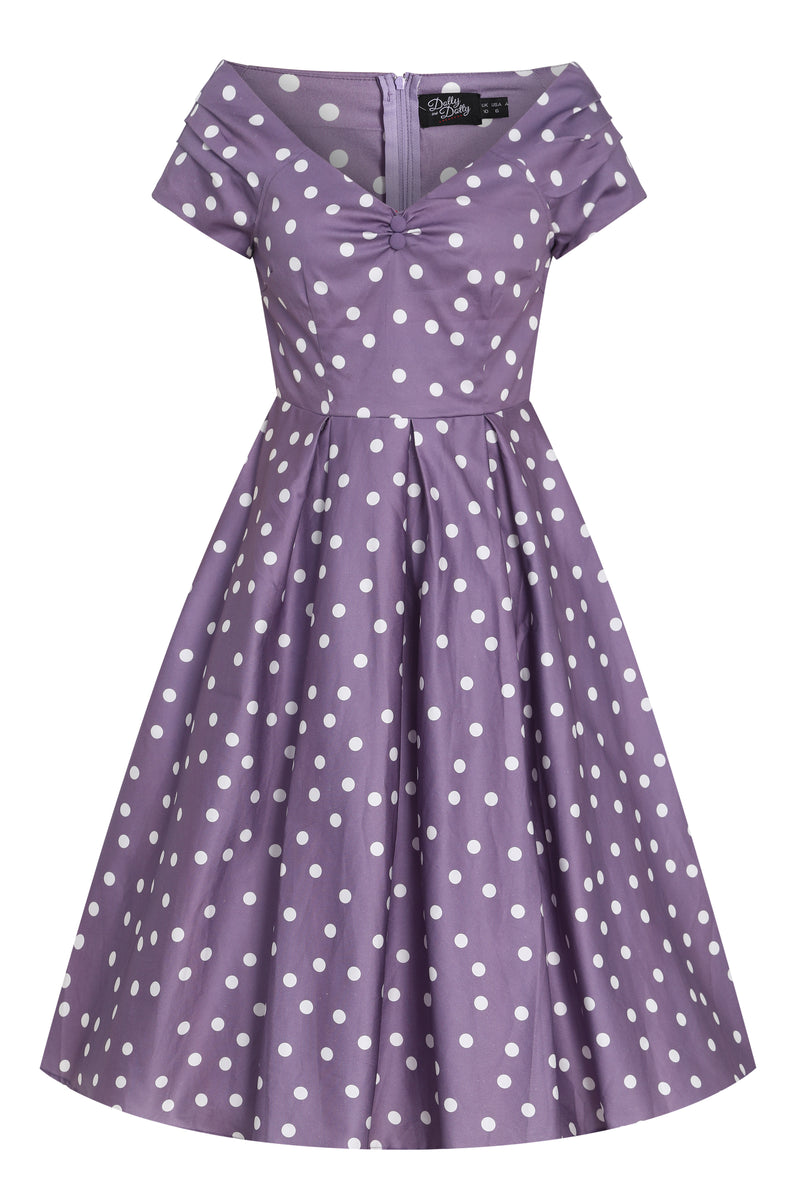 EU STOCK Lily Purple Off The Shoulder White Polka Dot Swing Dress