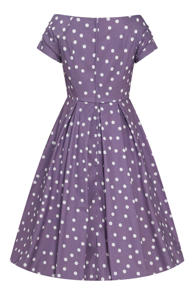 EU STOCK Lily Purple Off The Shoulder White Polka Dot Swing Dress