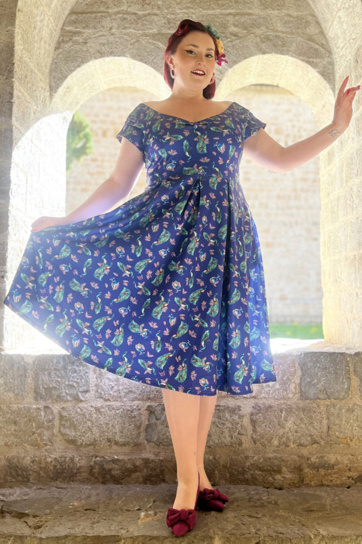 EU STOCK Lily Off Shoulder Purple Peacock Swing Dress