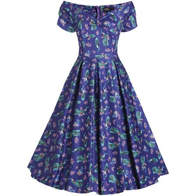 EU STOCK Lily Off Shoulder Purple Peacock Swing Dress