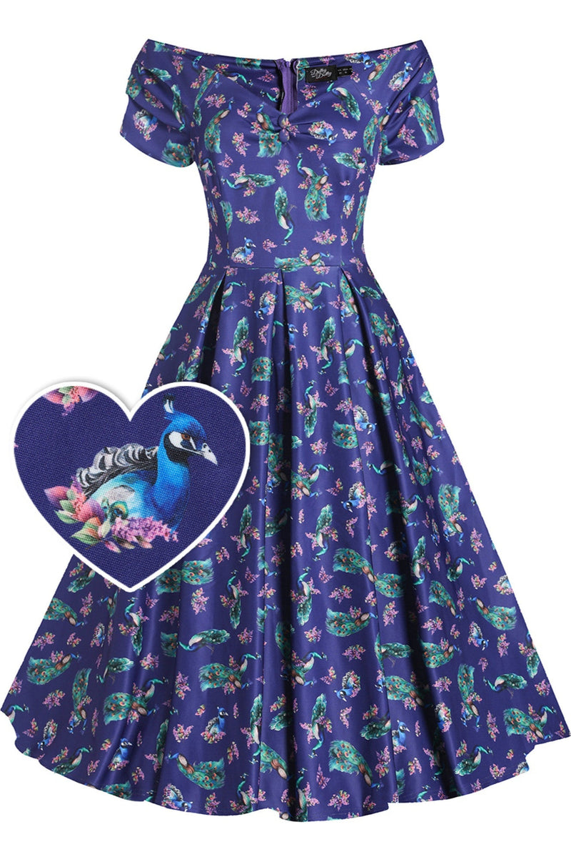 EU STOCK Lily Off Shoulder Purple Peacock Swing Dress