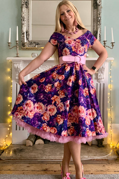 Lily Purple Off The Shoulder Pink Rose Print Flared Dress