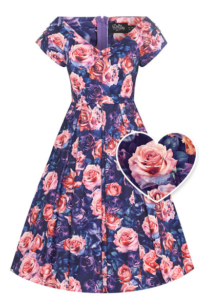 Lily Purple Off The Shoulder Pink Rose Print Flared Dress