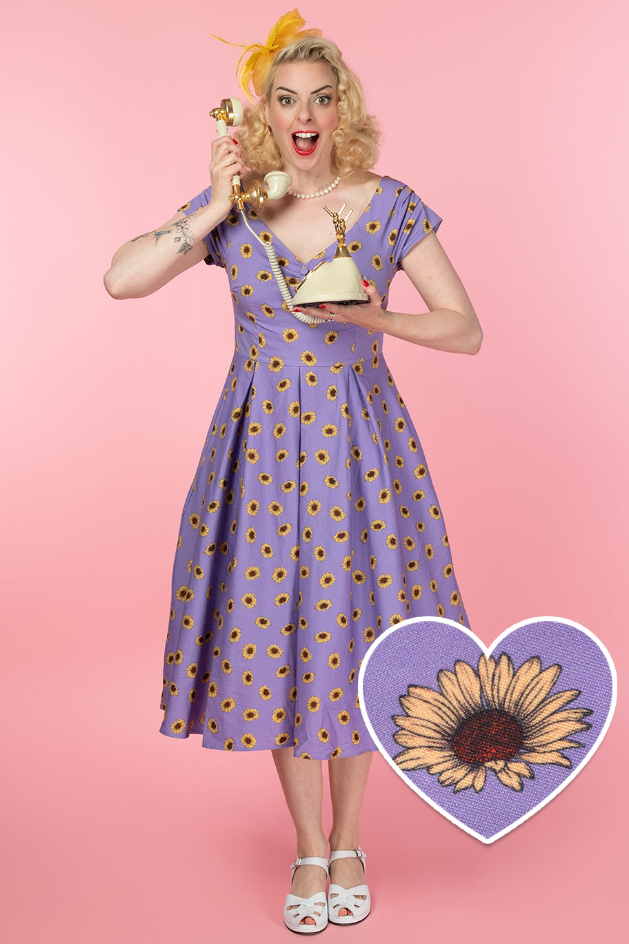 Lily Purple Off Shoulder Dress With Yellow Sunflower Print