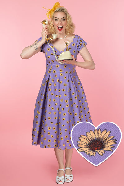 Lily Purple Off Shoulder Dress With Yellow Sunflower Print