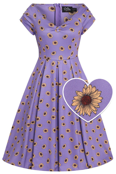 EU STOCK Lily Purple Off Shoulder Dress With Yellow Sunflower Print