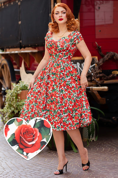 Lily Red Off Shoulder Rose Garden Swing Dress