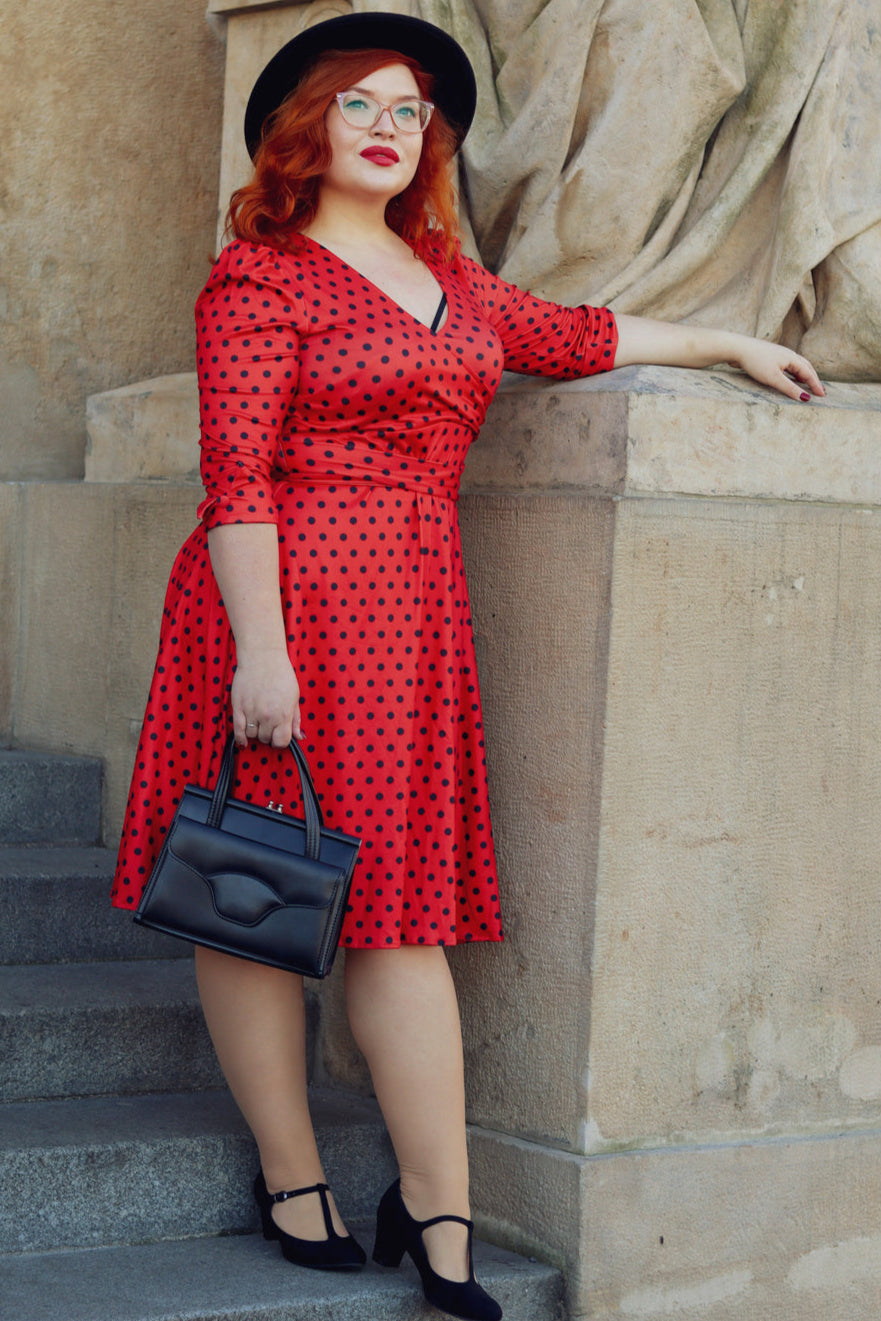 EU STOCK Katherine Red with Black Polka Dot Swing Dress