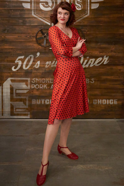 EU STOCK Katherine Red with Black Polka Dot Swing Dress