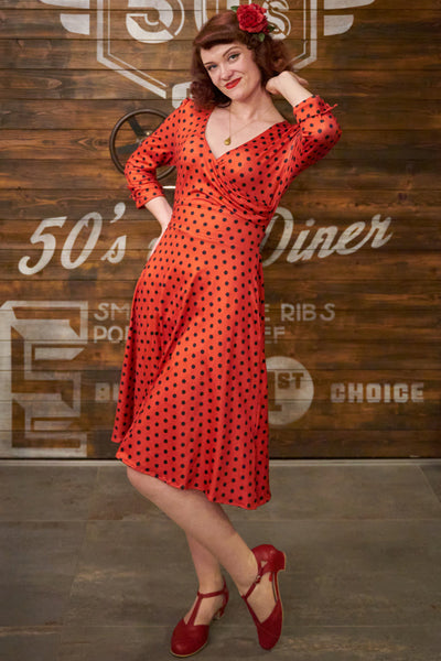 EU STOCK Katherine Red with Black Polka Dot Swing Dress