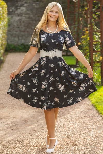 EU STOCK Brenda Black White Rose Short-Sleeved Adorned Dress