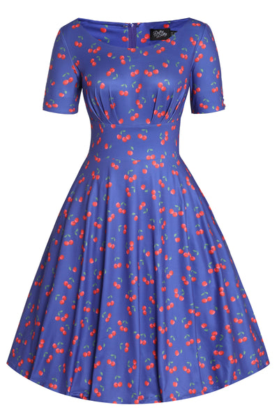 EU STOCK ORDER Brenda Blue Cherry Flared Dress