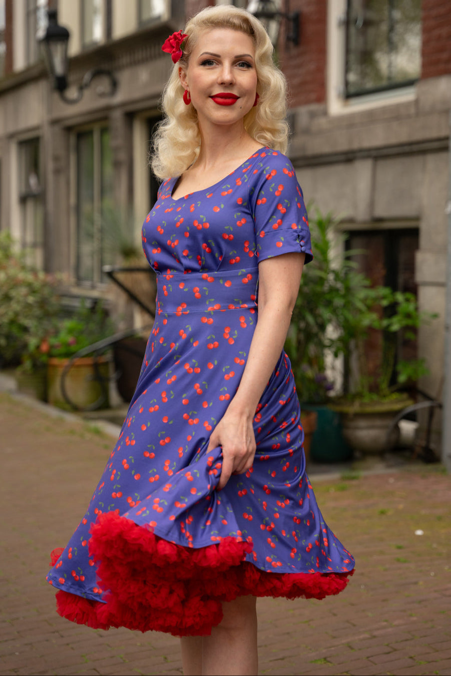 EU STOCK ORDER Brenda Blue Cherry Flared Dress