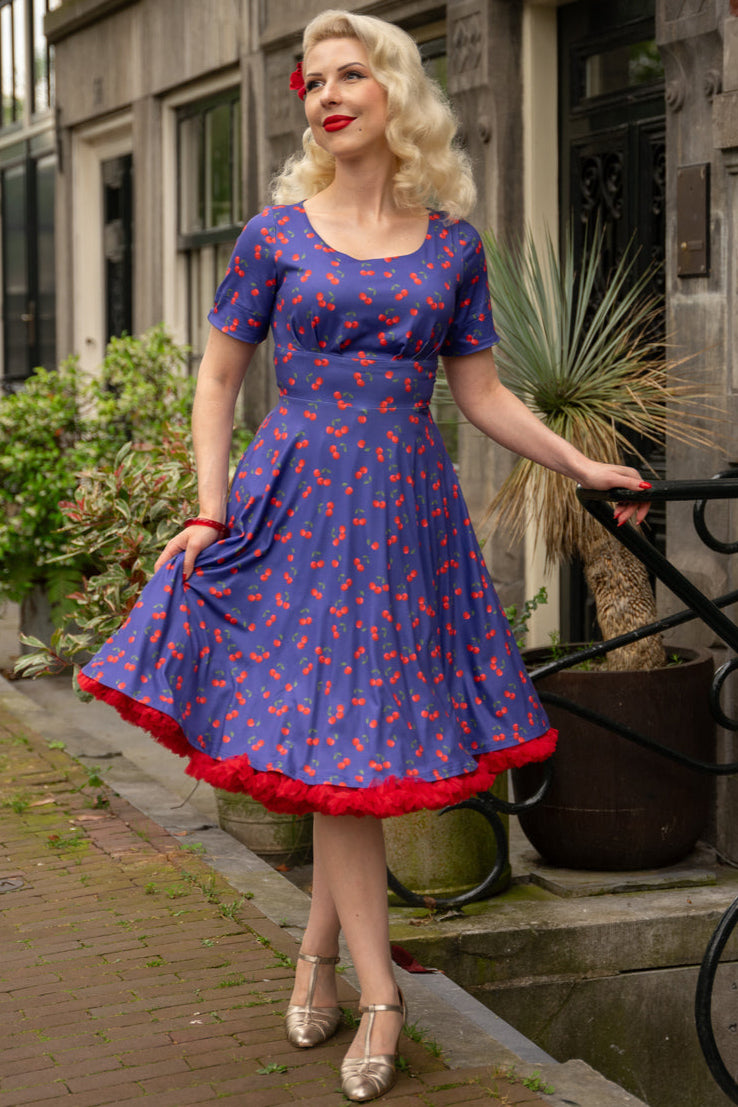 EU STOCK ORDER Brenda Blue Cherry Flared Dress