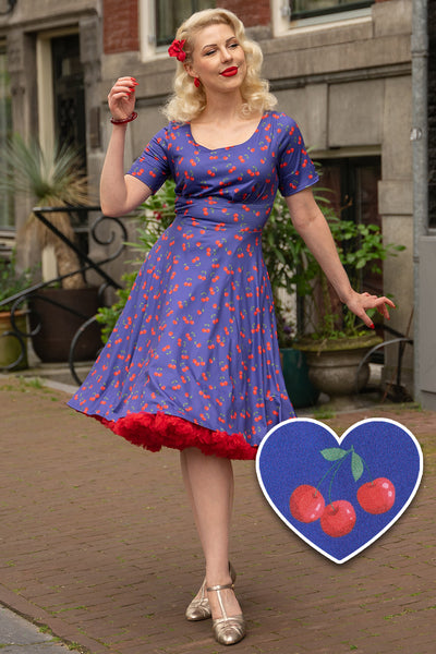 EU STOCK ORDER Brenda Blue Cherry Flared Dress