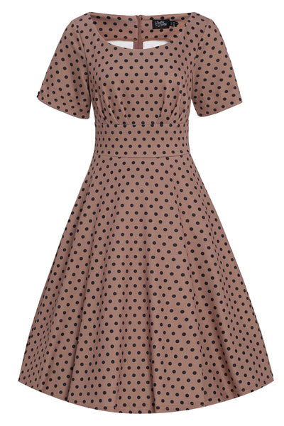 EU STOCK Brenda Brown and Black Polka Dot Short-Sleeved Adorned Dress