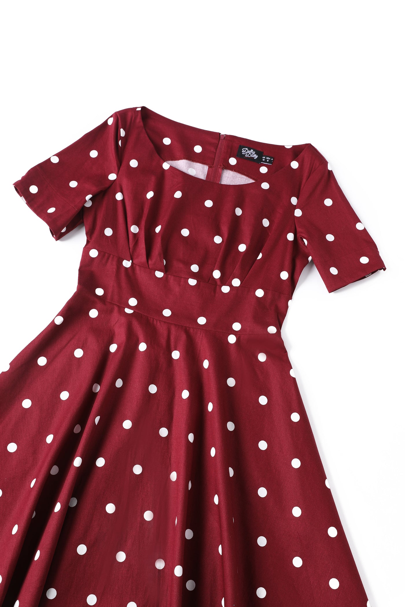 Brenda Burgundy Short-Sleeved Polka Dot Print Swing Dress