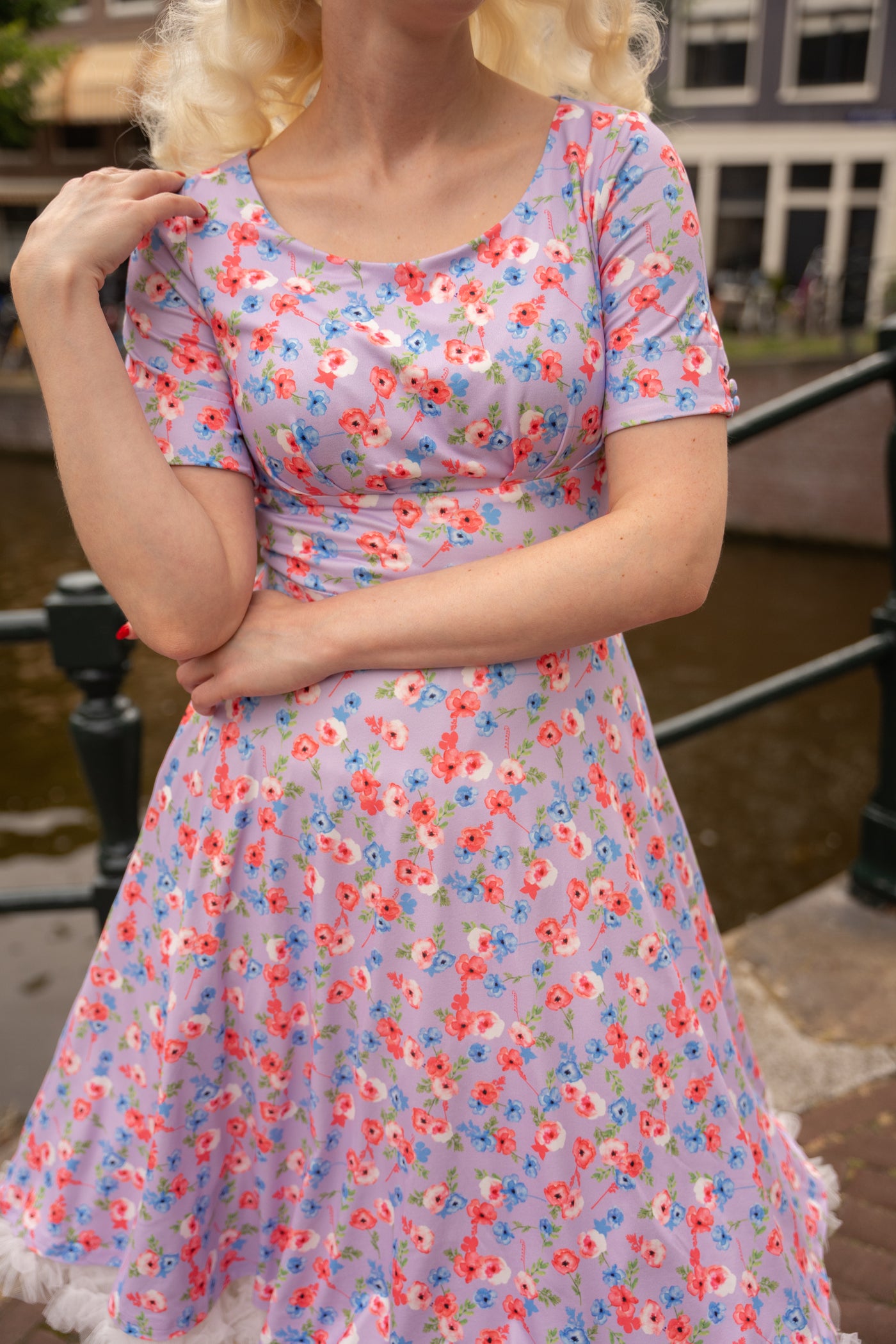 EU STOCK Brenda Lilac Short-Sleeved Floral Print Adorned Dress