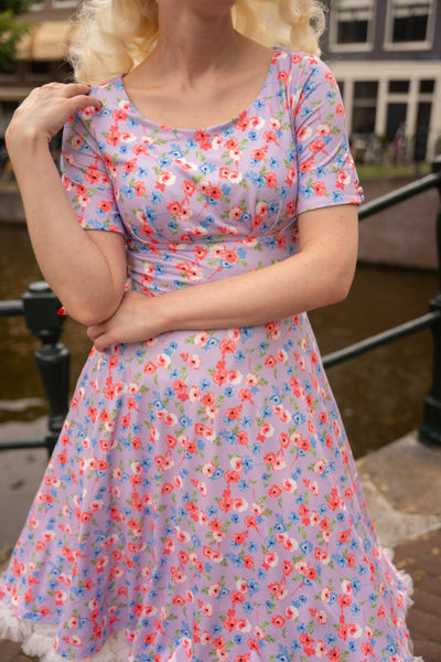 PRE-ORDER Brenda Lilac Short-Sleeved Floral Print Adorned Dress