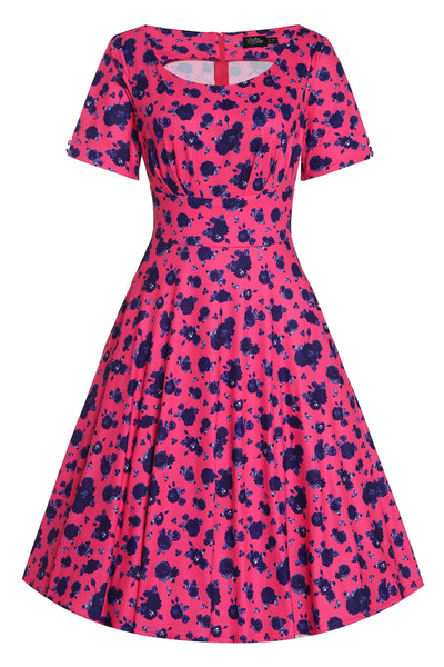 Brenda Hot Pink Blue Rose Print Short-Sleeved Adorned Dress