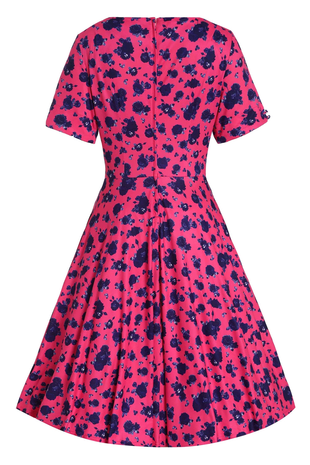 Brenda Hot Pink Blue Rose Print Short-Sleeved Adorned Dress